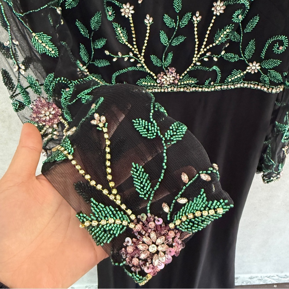 Mac Duggal Black Maxi Dress with Green Floral Embroidery - Picture 5 of 8